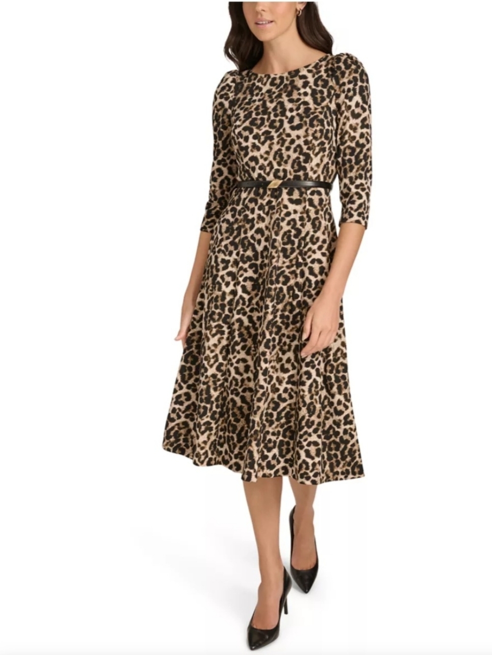 Calvin Klein Leopard Print Midi Dress in Beige and Black
